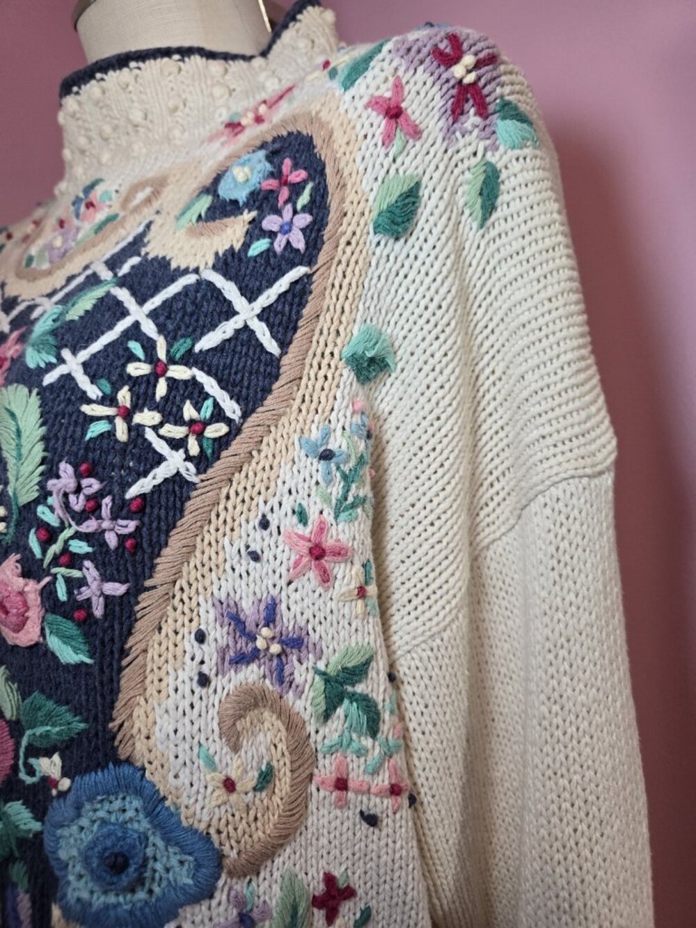 Beldoch Popper Floral Embroidered Knit Sweater Medium Cottagecore Shabby Chic - Picture 13 of 16